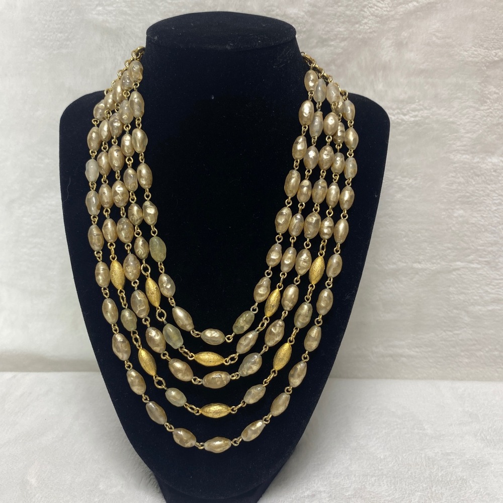 VTG Layered Beaded Necklace Gold Tone‎ Oval Beads Statement